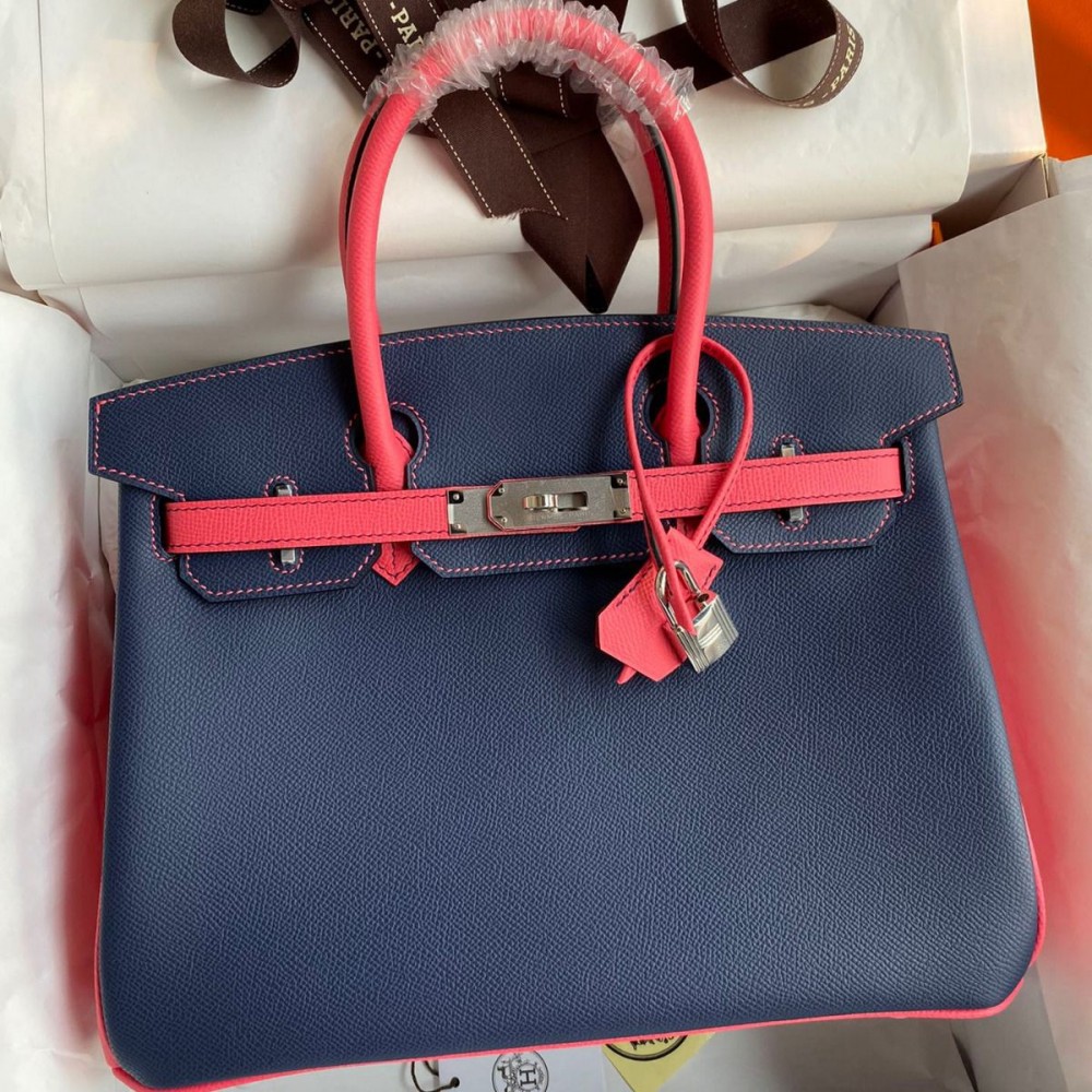 High Quality Replica Hermes HSS Birkin 30 Bicolor Bag in Blue Saphir and Rose Lipstick Epsom Calfskin $ 6989 USD