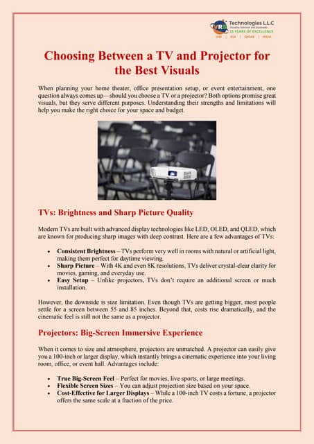 Choosing Between a TV and Projector for the Best Visuals | PDF