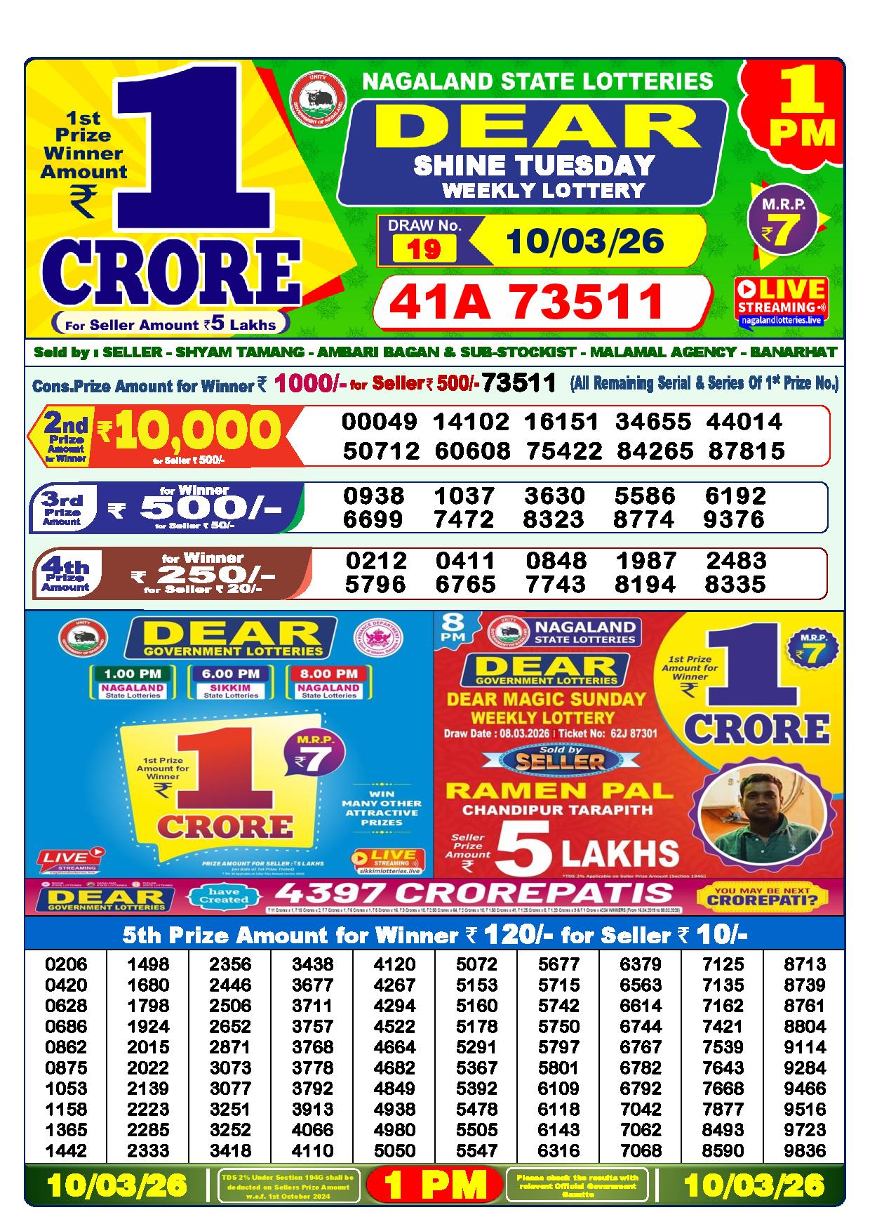 Dear Lottery Result Today 1 PM 6 PM 8 PM(10-3-2026)